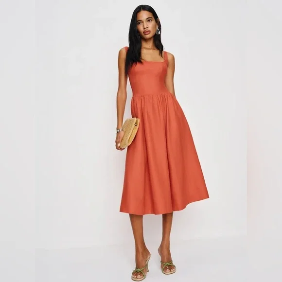 NEW Reformation Janu Midi Linen Dress Red Coral Orange | US 0 UK 4 - Picture 7 of 16